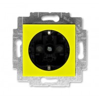 Розетка 1-ая электрическая , с заземлением и защитными шторками (безвинтовой зажим), цвет Желтый/Дымчатый черный, Levit, ABB