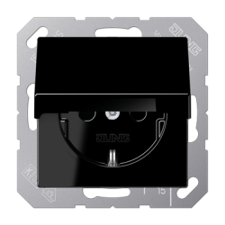 Розетка 1-ая электрическая , с заземлением и крышкой , цвет Черный, A500, Jung