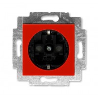 Розетка 1-ая электрическая , с заземлением и защитными шторками (безвинтовой зажим), цвет Красный/Дымчатый черный, Levit, ABB